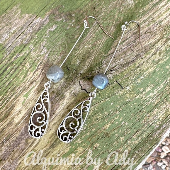 Silver statement Labradorite extra long mandala drops dangle earrings - Picture 1 of 3
